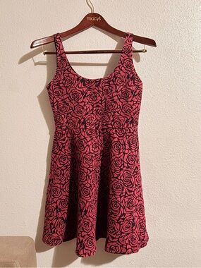 Dee Elle Women's Pink and Black Rose Textured Print Fit & Flare Dress